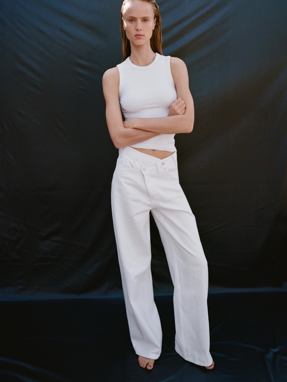 Zara White Crossover Waist Wide-Leg High-Rise Jeans New